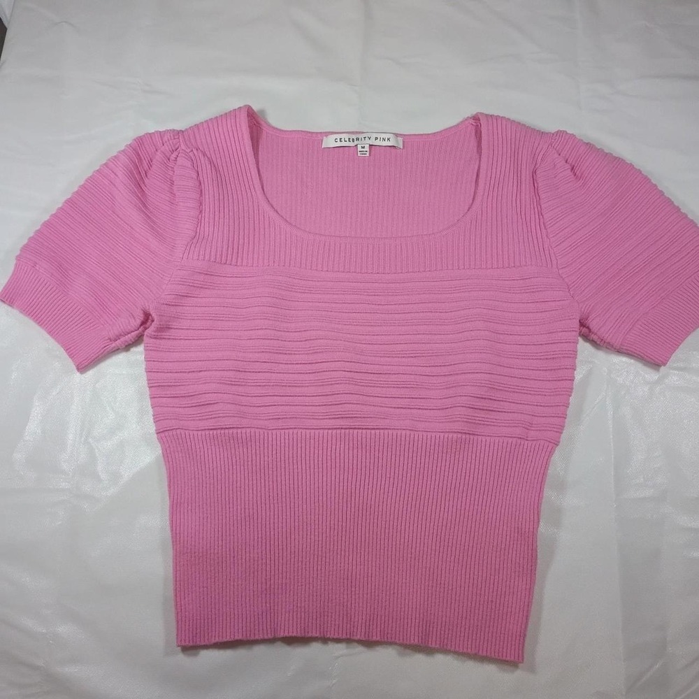 Celebrity Pink Ribbed Knit Top Pink Scoop Neck Short Sleeve Coquette Y2K